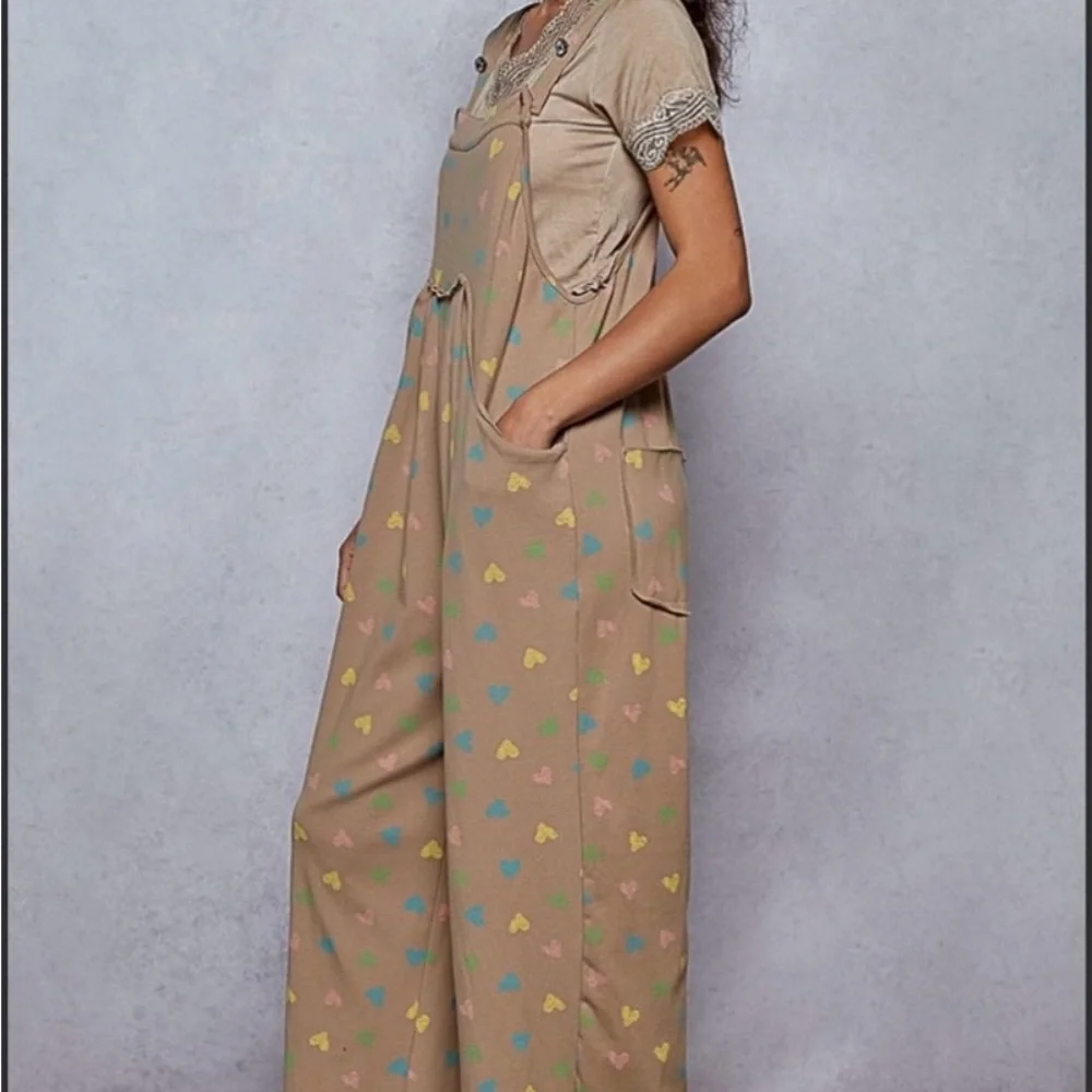 082 - POL Brown Overalls with Colorful Heart Pattern NWOT - Picture 1 of 4